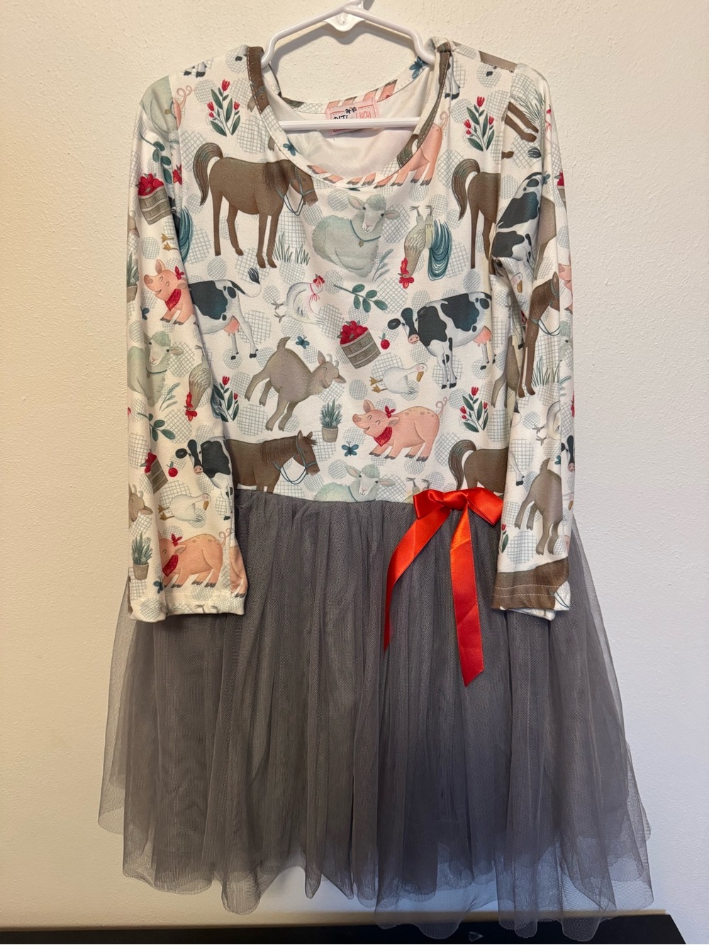Kids Farm Animal Tulle Dress with Gray Skirt and Red Bow